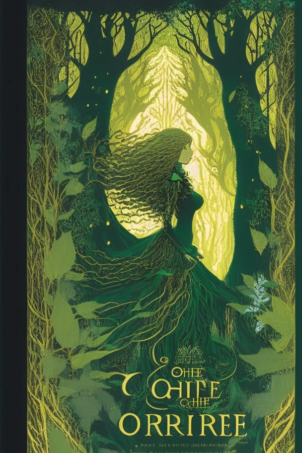 book cover, In the heart of a dense and enigmatic forest with towering ancient trees cloaked in emerald, yellow and amber foliage stands a witch possessing an ethereal allure her lustrous hair cascading in ebony waves down to her slender waist