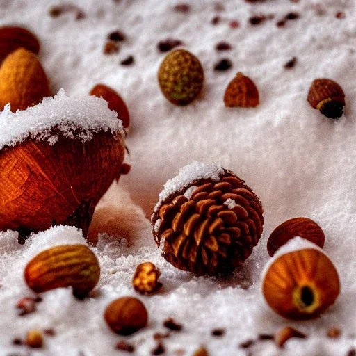 watercolor of tiny acorn covered in snow, warm colors, soft lighting, snowdrift