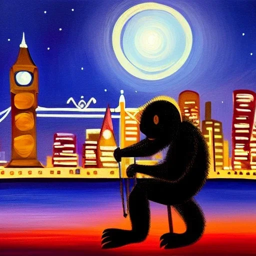 A monkey playing the drums, london skyline at night, oil painting