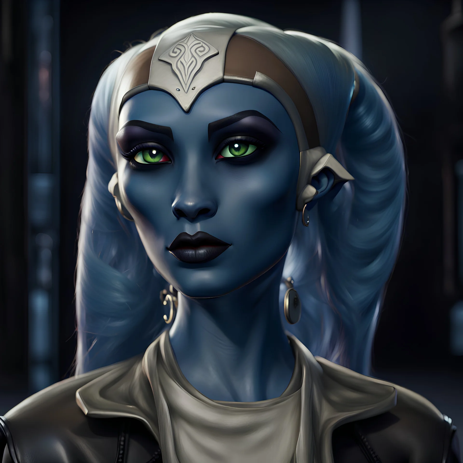 alluring young female twi'lek, street smart, wearing a black leather jacket