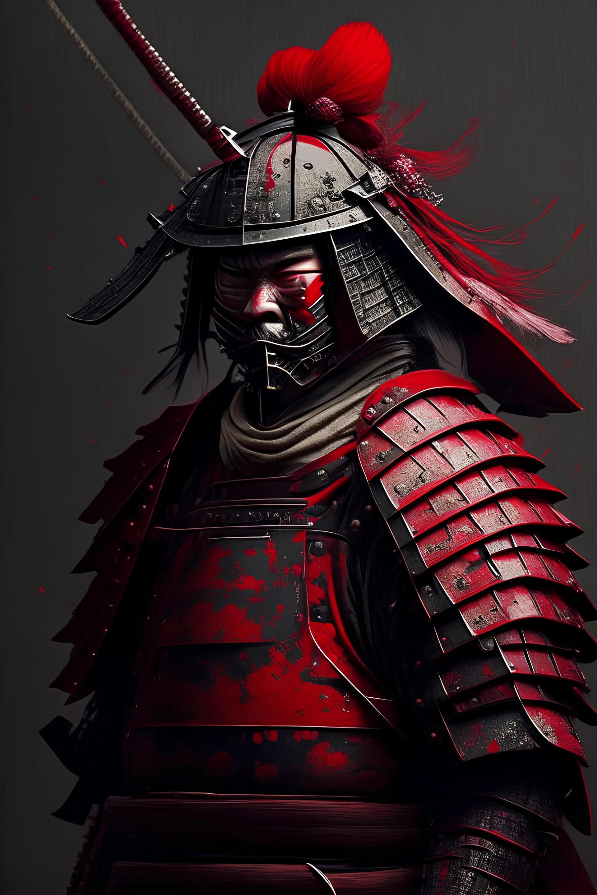 A samurai in armor without a helmet, with Red