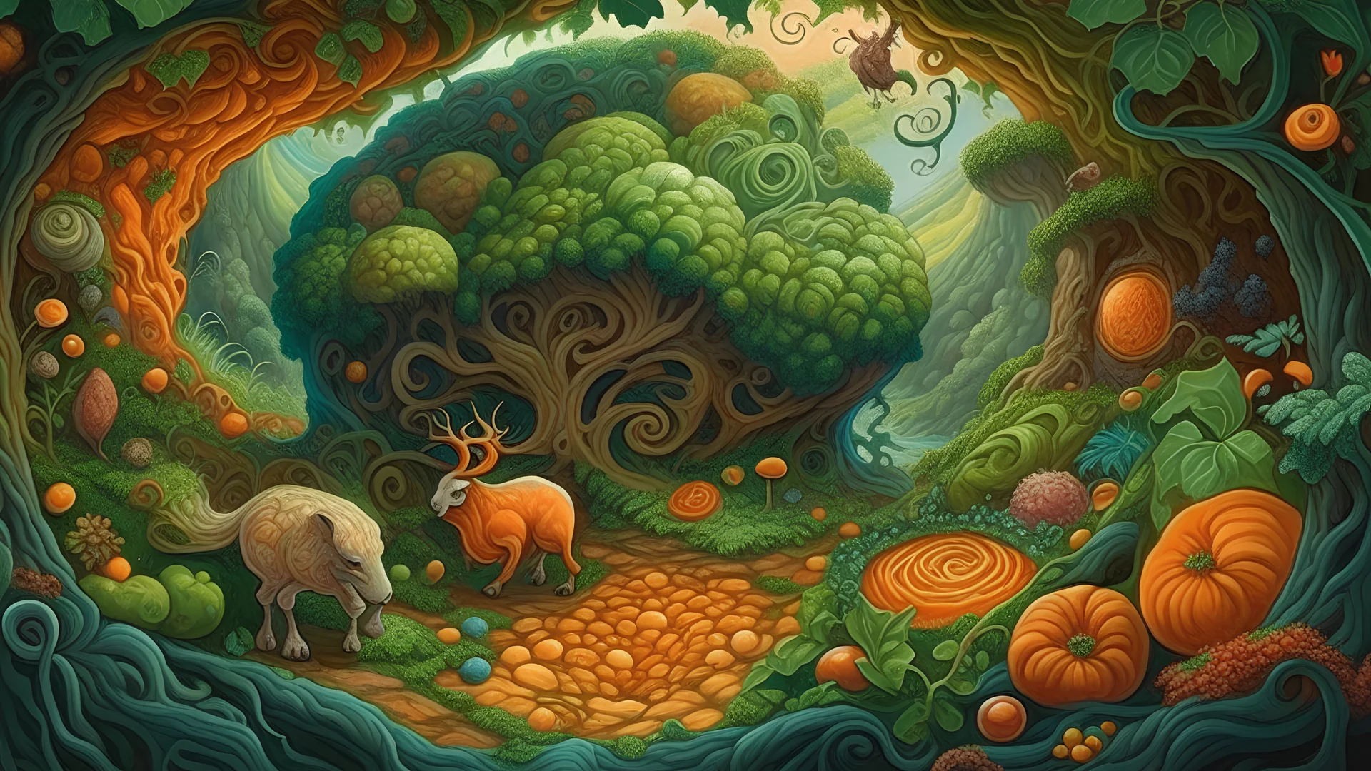 The scene is set in a psychedelic surrealism style, featuring a Vegetable Lamb of Tartary at the center of the image. The creature appears to be a fusion of plant and animal, with vines and ivy growing out of its body. The lamb is surrounded by a tartary, a whimsical landscape filled with oversized vegetables and exotic plants. The tart is covered in a flaky crust, with colorful vegetables bursting out from within. The entire scene is overgrown with twisting vines and ivy, creating a sense of wi