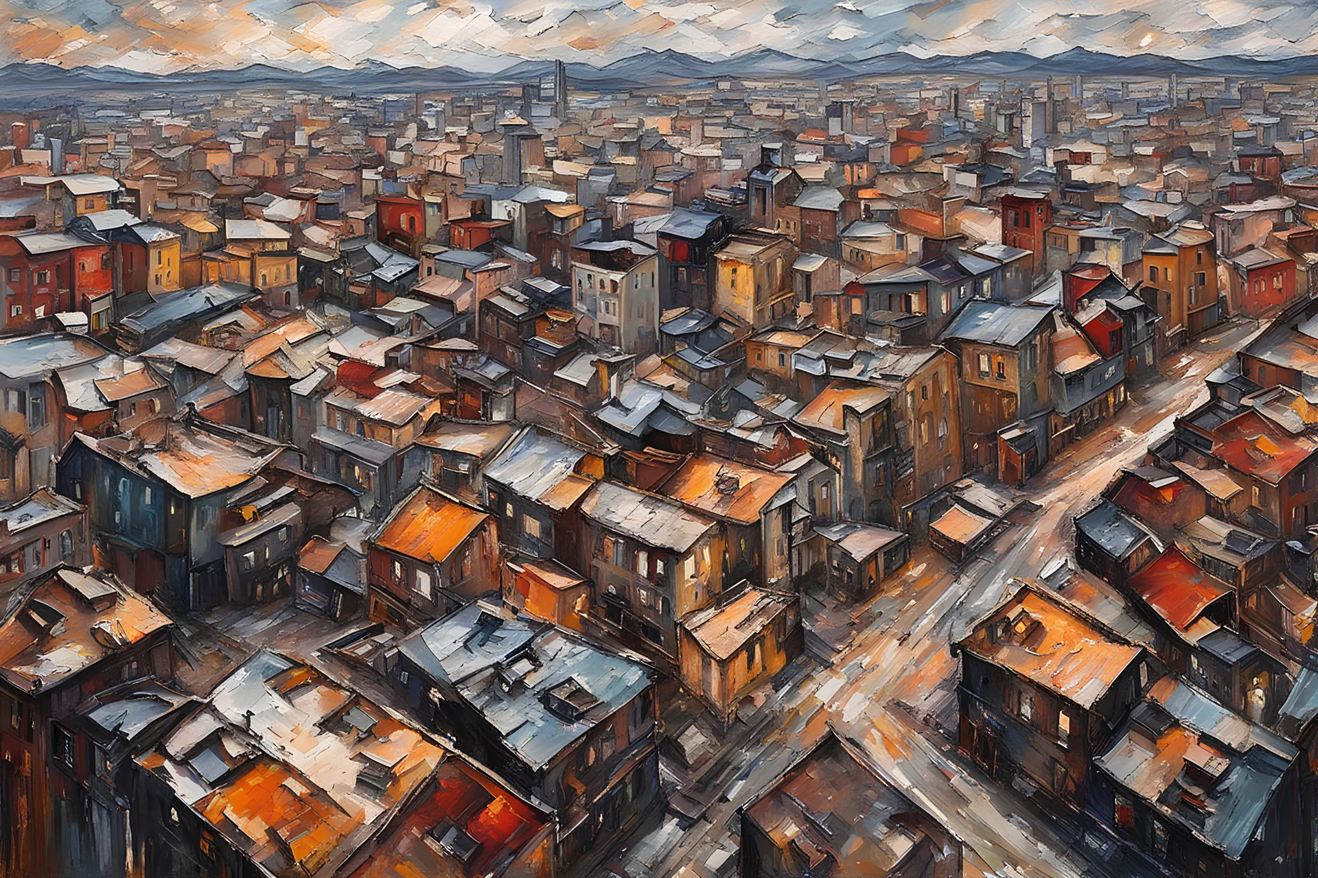 Aerial view palette knife painting of a post apocalyptic cityscape , in the Expressionist style of Egon Schiele, Oskar Kokoschka, and Franz Marc, highly detailed in muted natural colors with fine detail outlining and shading