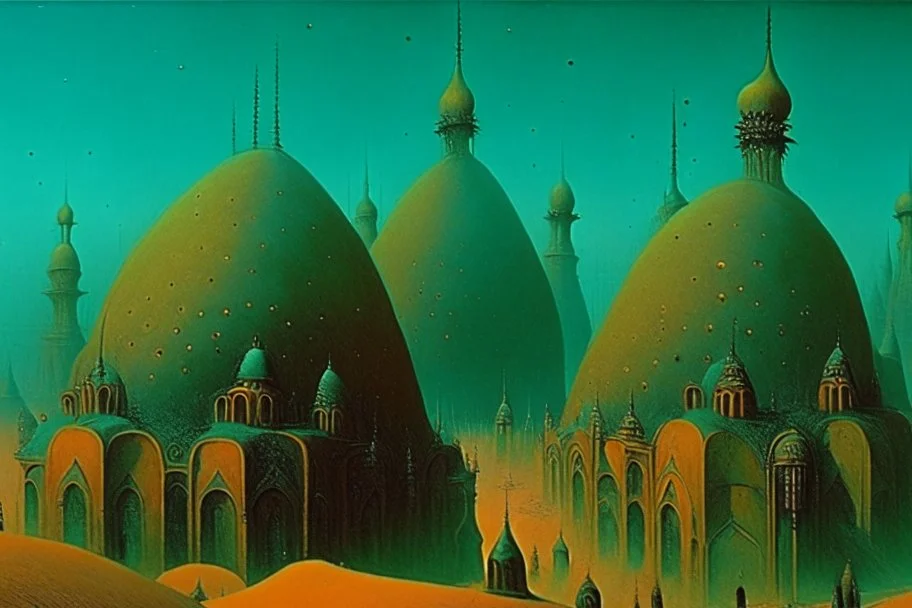 A surreal city with arches and domes by artist "Zdzisław Beksiński"