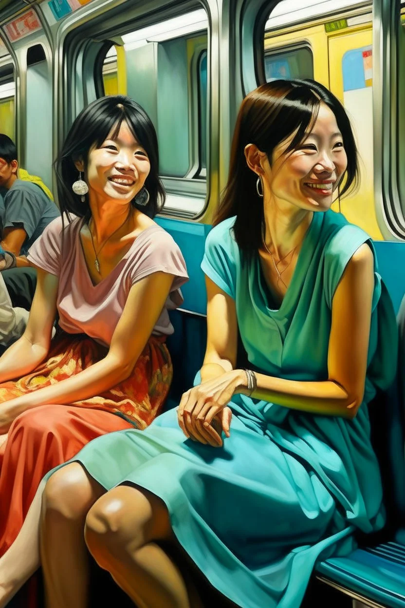 Neoclassicism 2 japanese woman smiling at other woman sitting in metro realistic cote d'azur painting colorfull