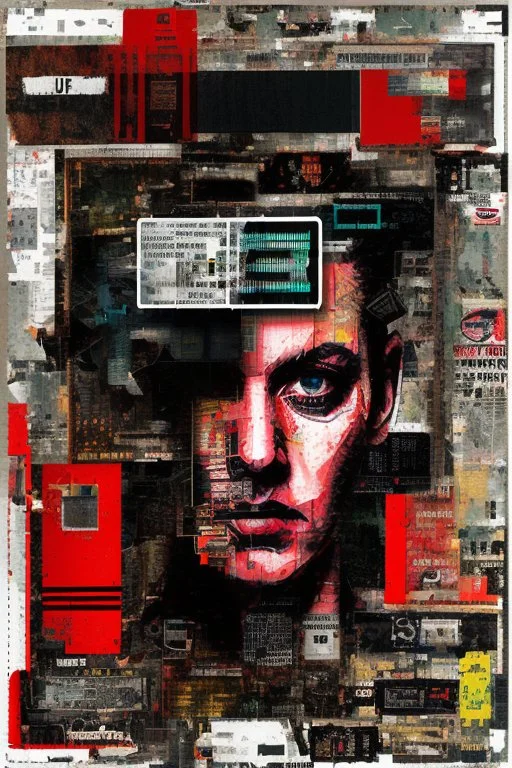 Ultra detailed medium portrait painting of "no exit sign" torn up collage of clippings, broken circuitry background, matrix effects, punk visual art, punk art aesthetic, graffiti art, pop surrealism, collage art, cluttered paint glitches