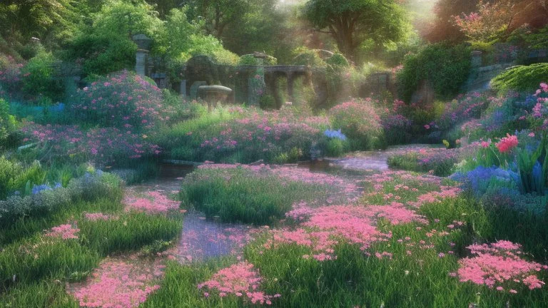 verybeautiful-magical-garden-of-the-angelic-kingdom-blue-and-pink-plants-and-trees-small-river-sunshine-flowers-haze-thumb-rainbow-ufo-bright-colors-light flowers