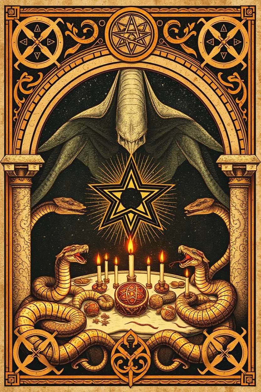 a myrriad and a star golem feast framed with snakes and celtic symbols