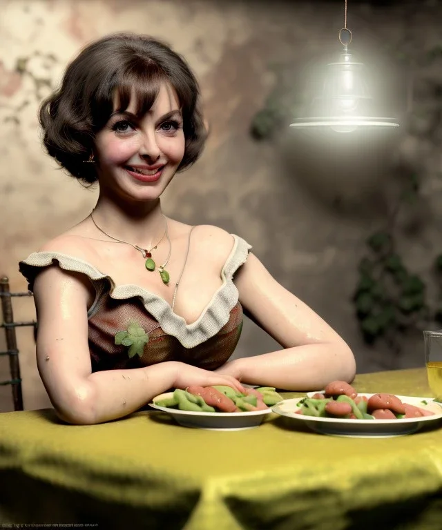 Ultra realistic photographic portrait, happy young Gina Lollobrigida woman sitting with arms resting on Italian kitchen table, pretty ravioli dish with olive oil and albahaca, renaissance style decoration, soft color, highly detailed, unreal engine 5, ray tracing, RTX, lumen lighting, ultra detail, volumetric lighting, high definition.