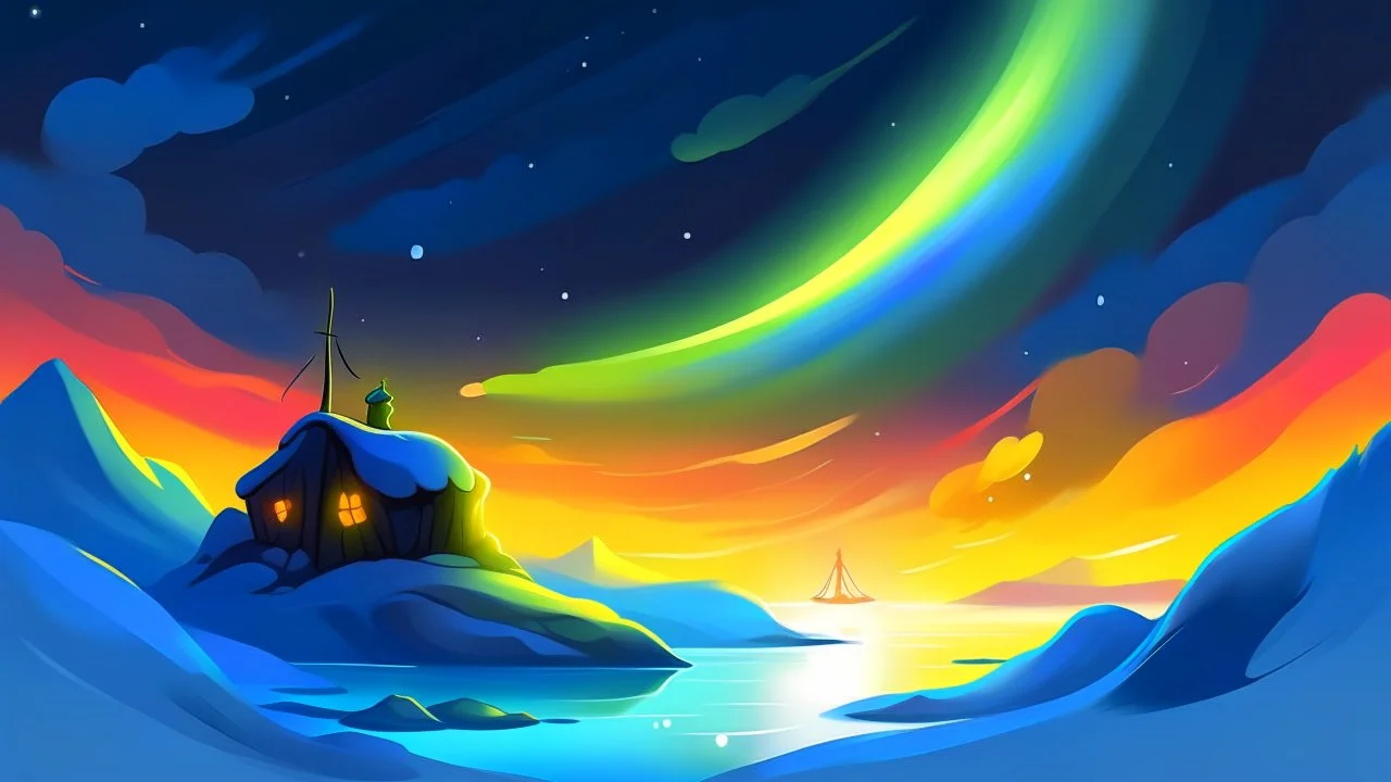 cartoon illustration: North Pole evening, Norther light, nature