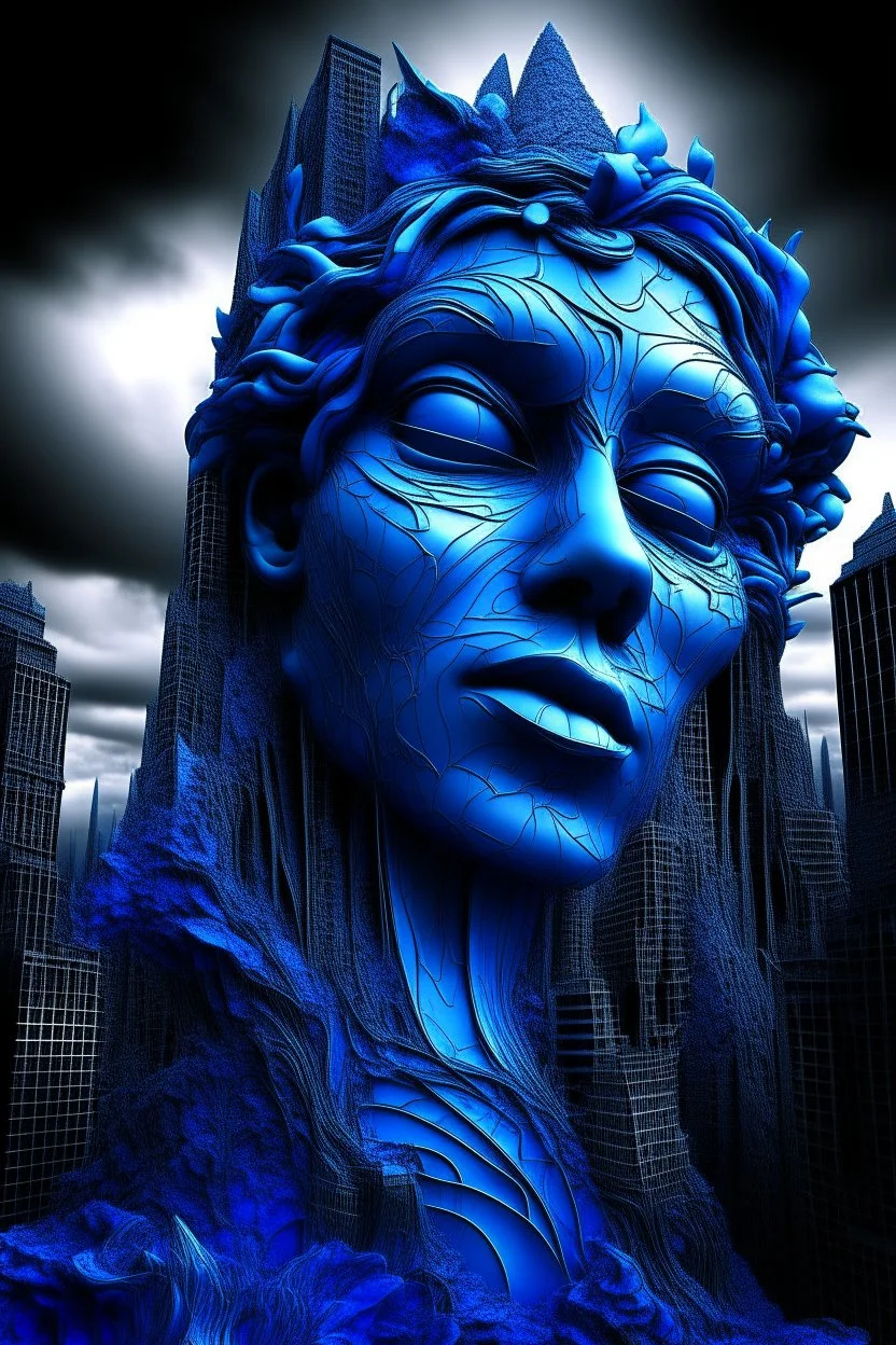 surrealis monochrome A fragmented, surreal sculpture liguid blue color of photorealistic image 3d,psychedelic art glossy emerging from devilish a crumbling empire state building. The face appear and intricate details, evoking a haunting expression. set against a backdrop of stormy, cloud-filled skies. bauhaus art The overall tone is dark blue and moody, suggesting themes of decay and transformation.