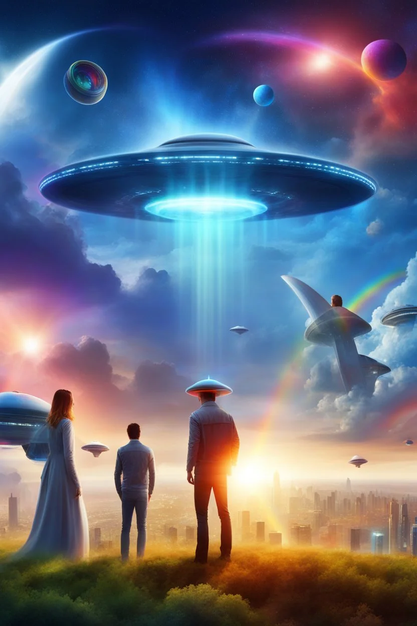 ufo rainbow, cité très futuriste ultra moderne, ufos fleet, intergalactic,angles
