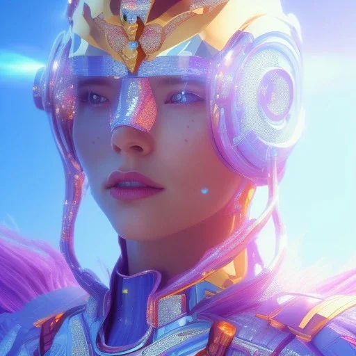 A portrait of a crystalised blue pink extraterrestrial, gold, diamonds, sunny background, atmospheric, realistic, unreal engine, 8k. Cinematic lighting, octane render.