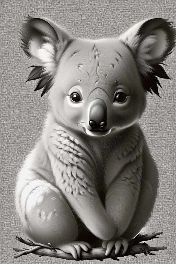 A delightful coloring page design showcasing an adorable baby koala in a charmingly naive art style. The artist has skillfully created a whimsical scene with minimal details and a focus on bold, thick black outlines. The endearing fox, prominently positioned in the center, is the highlight of this illustration. The all-white background beautifully complements the simplistic design, allowing young artists to unleash their creativity. As the baby fox takes center stage, a subtle hint of its