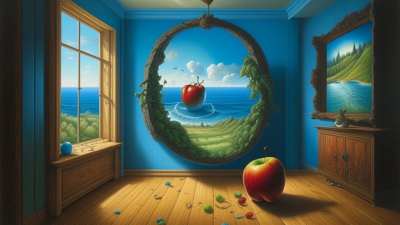 A surreal painting depicts a giant apple riddled with worms that occupies almost an entire room. The room has a window overlooking a calm blue sea.