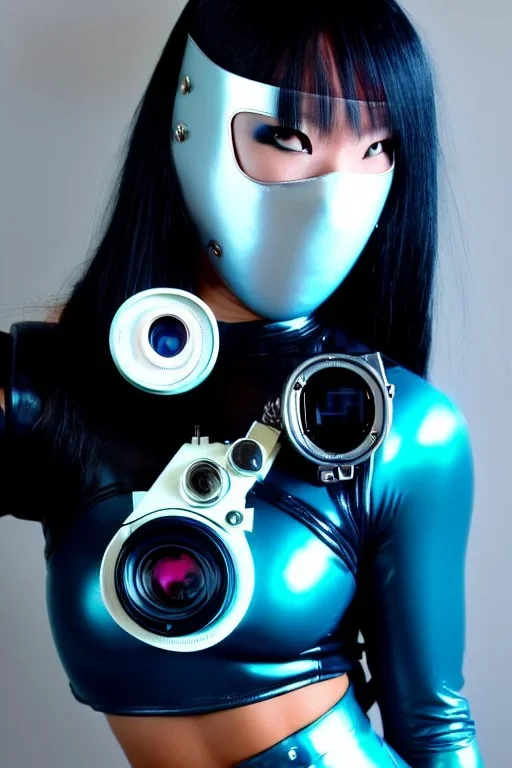 Cyber-punk style random-mask. Large fencing mask covers cheeks. Trim girls. Reflective white plastic skin. Camera lenses as eyes. Head full of integrated old-fashioned cameras. Golden to cyan surfaces body, latex. Perfect body, thick thighs and calves. Asa Akira. Selfies with old-fashioned cameras in both hands. Wide hip, skirt bleats nicely. Camera at mons veneris. Partly symmetrical. Cameras hanging on wide plastic belt. Euclidean 3D-tiling walls. Fractal-camera. Chaos. Minimalism. surveillanc