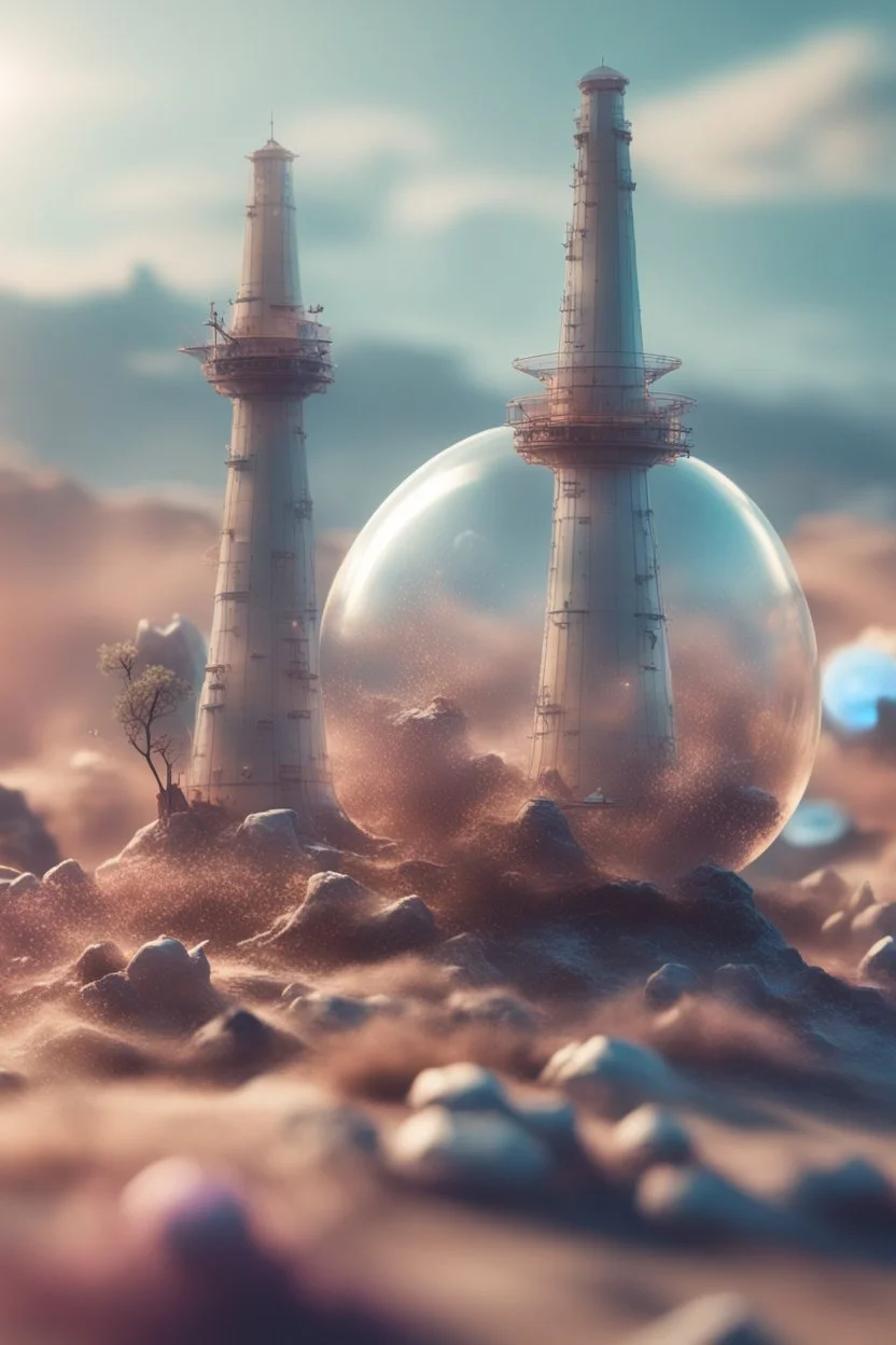 plexi glass tower on a strange planet with weird colors and wind turbines, bokeh like f/0.8, tilt-shift lens 8k, high detail, smooth render, down-light, unreal engine, prize winning