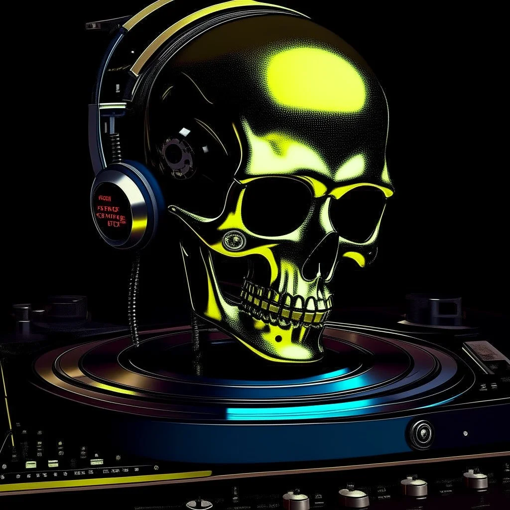 illudtrstion of android DJ plaing vinyls skull face whit meccanical part