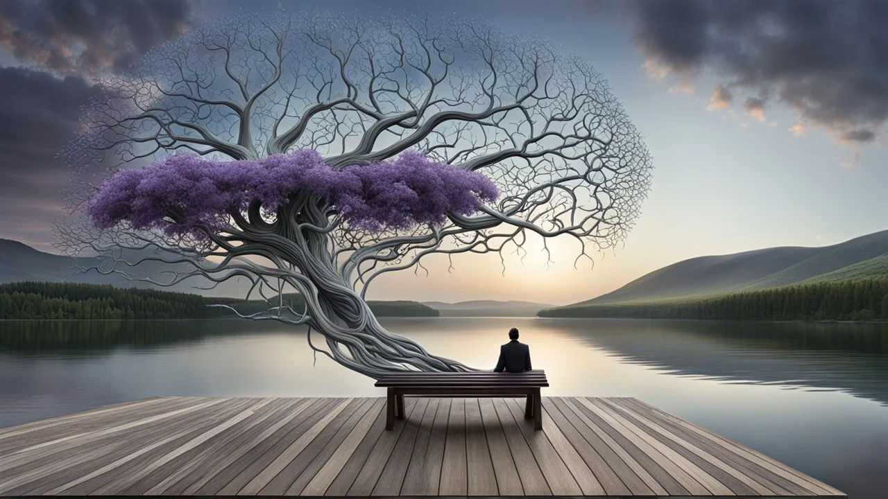 back to the camera a figure sittings on amorph bench in a beautiful landscape and overlooking the water of the nearby lake, calm, harmonious atmosphere, muted dark colors, purple, white, gray, green, blue, brown, silver, black , ,not too colorful colors, Whimsical style and giant stunning neuron network all over the sky, half shadow and half light abyss, surreal stunning vibe