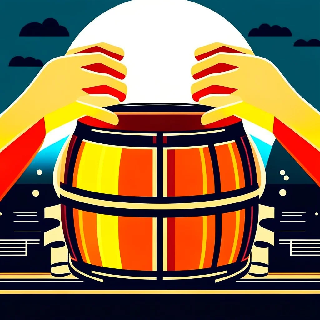 Two hands holding a wooden barrel : 1.5 ) money goes in from above and money comes out from below, ultra quality, vector graphics