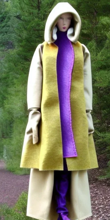 European blonde woman. Mantle is sewed of recycled Denim and sewed together of recycled polymer felt. Camouflage colors are terracotta, cream and purple, lilac. Cream latex gaiter. Yellow(Munsell). hint of orange as effect color!!Big bright purple/khaki felt tippet and cream or blue or lilac colored-hood. mantle is merged with satchel. . AKG-style headphones (gold rings!) is merged with small felt cap with small visor. Style: Haute Couture in 1998