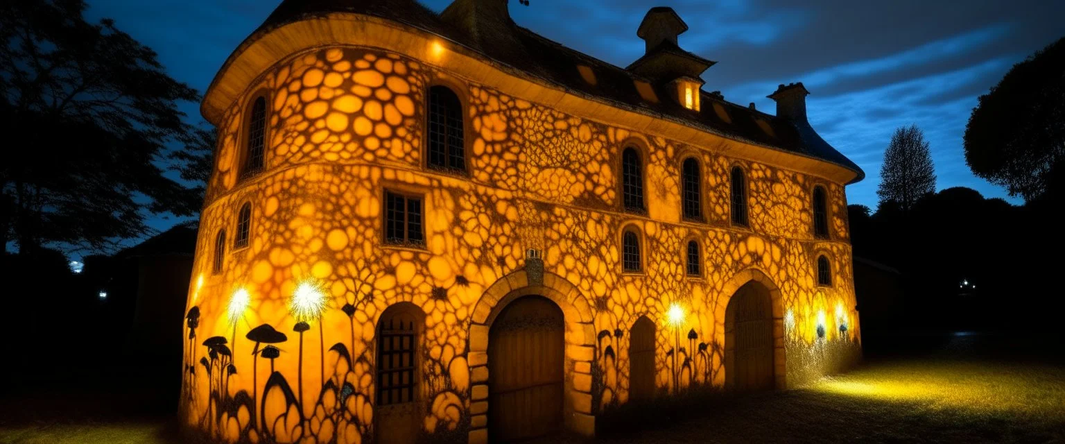 A yellow castle with glowing mushrooms designed in Bayeux tapestry painted by Pablo Picasso