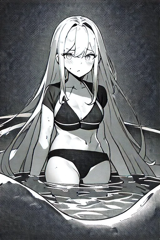 bikini long hair thin girl in abyss pool, greyscale, cool pose, screen tones