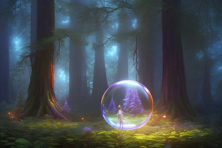 glowing bubble portal in a clearing glade in a redwood forest at night. shimmering portal. the forest redwood trees are lit by a glow. by cyril rolando and naomi okubo and dan mumford and ricardo bofill. beeple. noah bradley. digital render. digital painting. trending on artstation. concept art