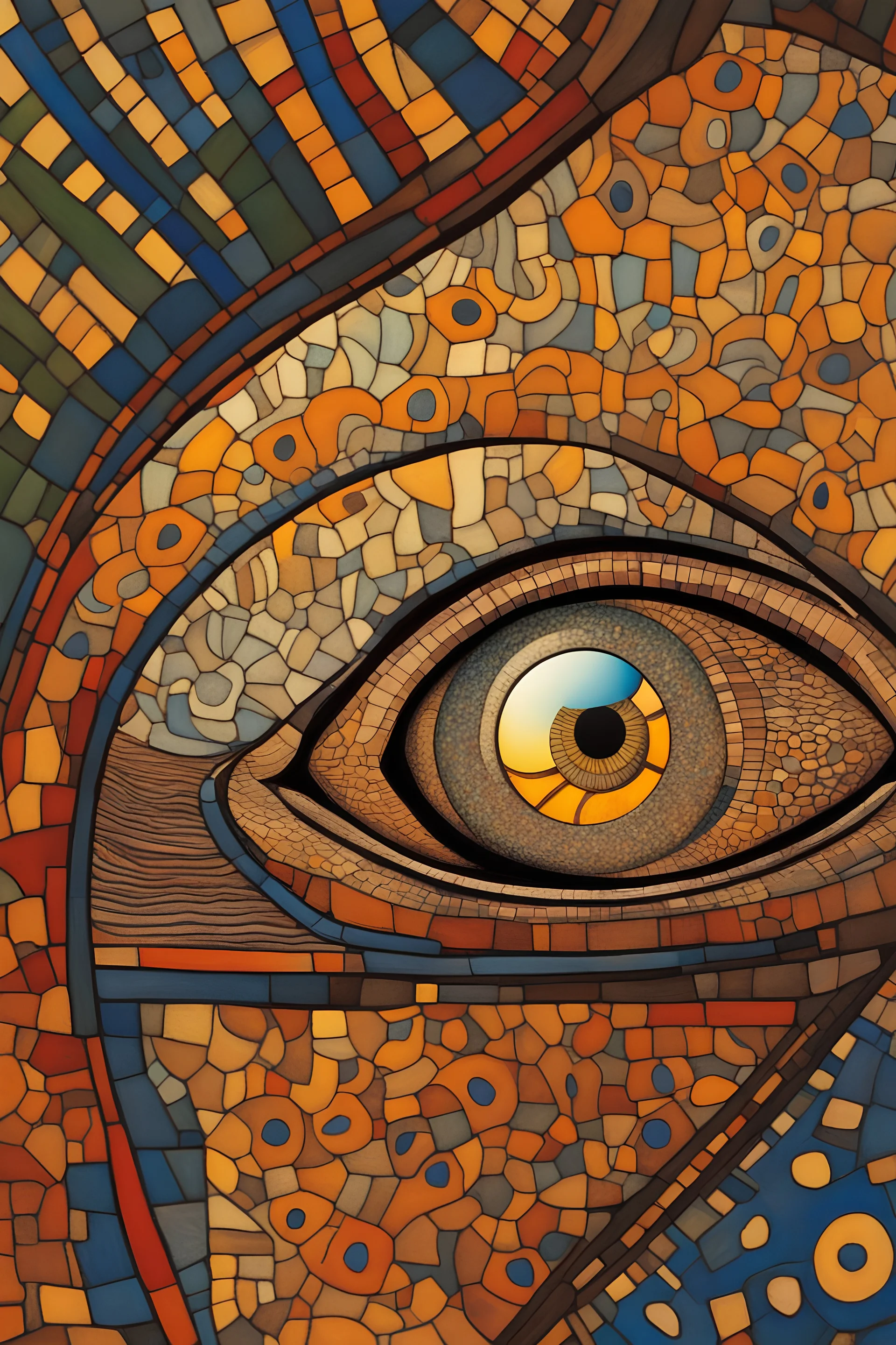 An eye staring into the depths of its pupil in the mirror; Hundertwasser; M. C. Escher; Golden Hour