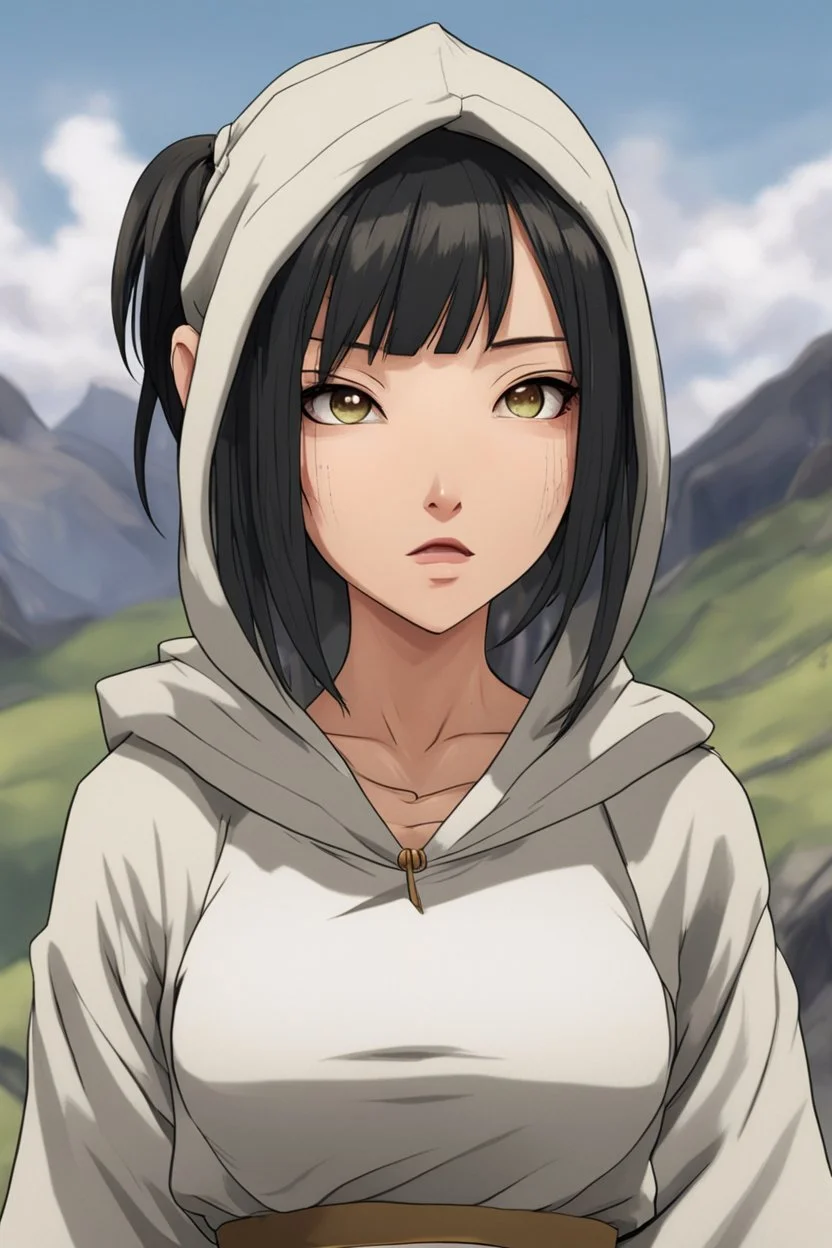 toph bei fong, croppedhoodie, underboob, mountainous horizon, 1girl, toph, bangs, black hair,saliva drip, blind, grey eyes, hair between eyes, hair bun, hairband, short hair, cropped hoodie underboob, cropped hoodieunderboobhoodie