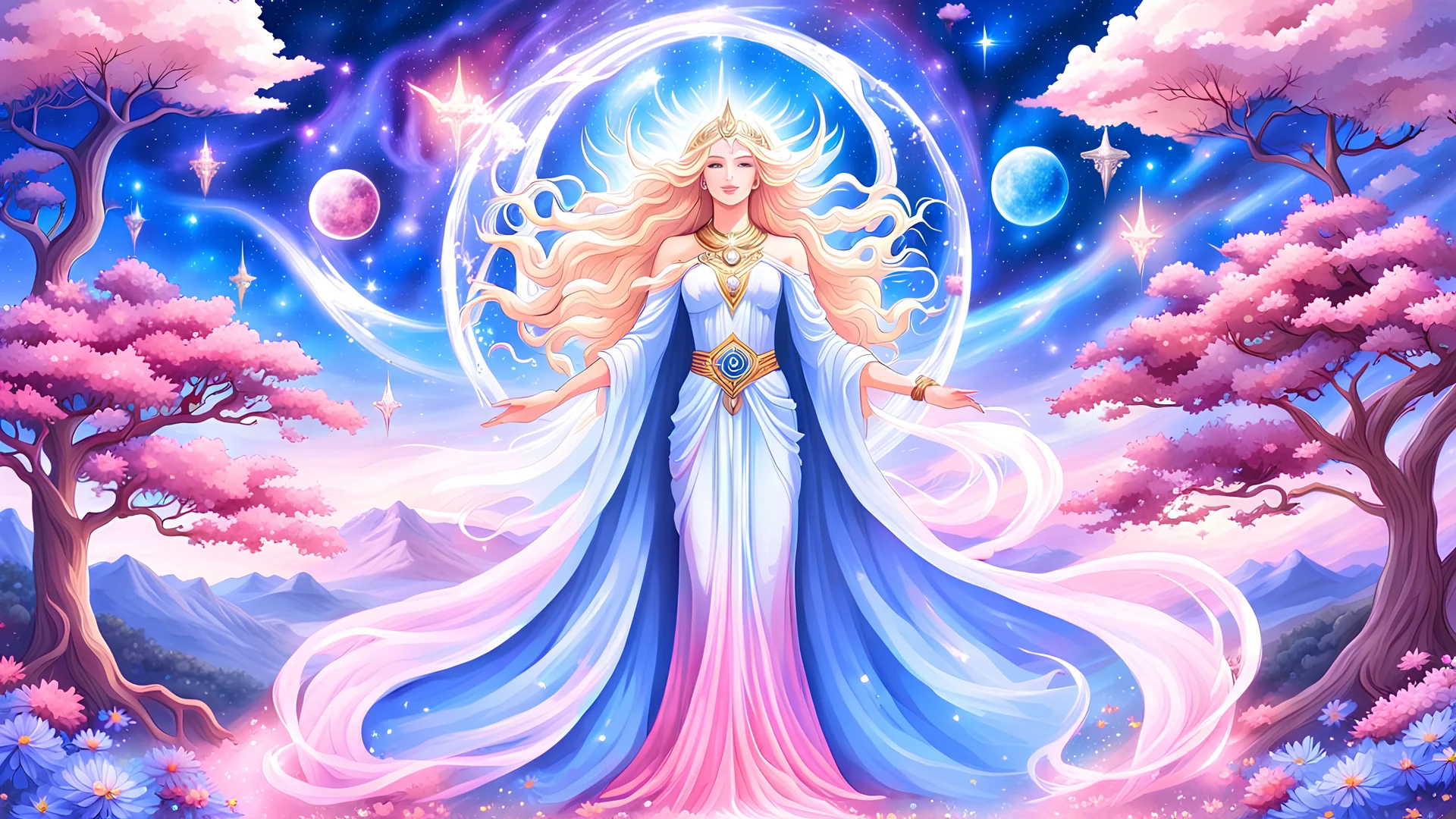 Create an image of a full body cosmic goddess. the goddess should be depicted as a beautiful and powerful figure, surrounded by cosmic stars. her hair should be long, blond and flowing, and she should be dressed in a flowing gown blue celestial robe. in the background, include imagery of pink flowers, blue sky, trees. the image should evoke a sense of joy, celebration, and spiritual connection to nature.