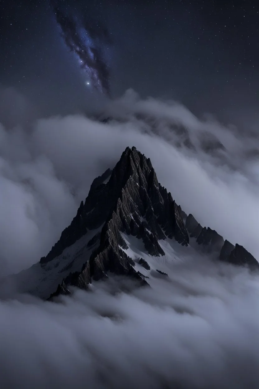 one single mountain sharp face rises out of the mist into the night sky.