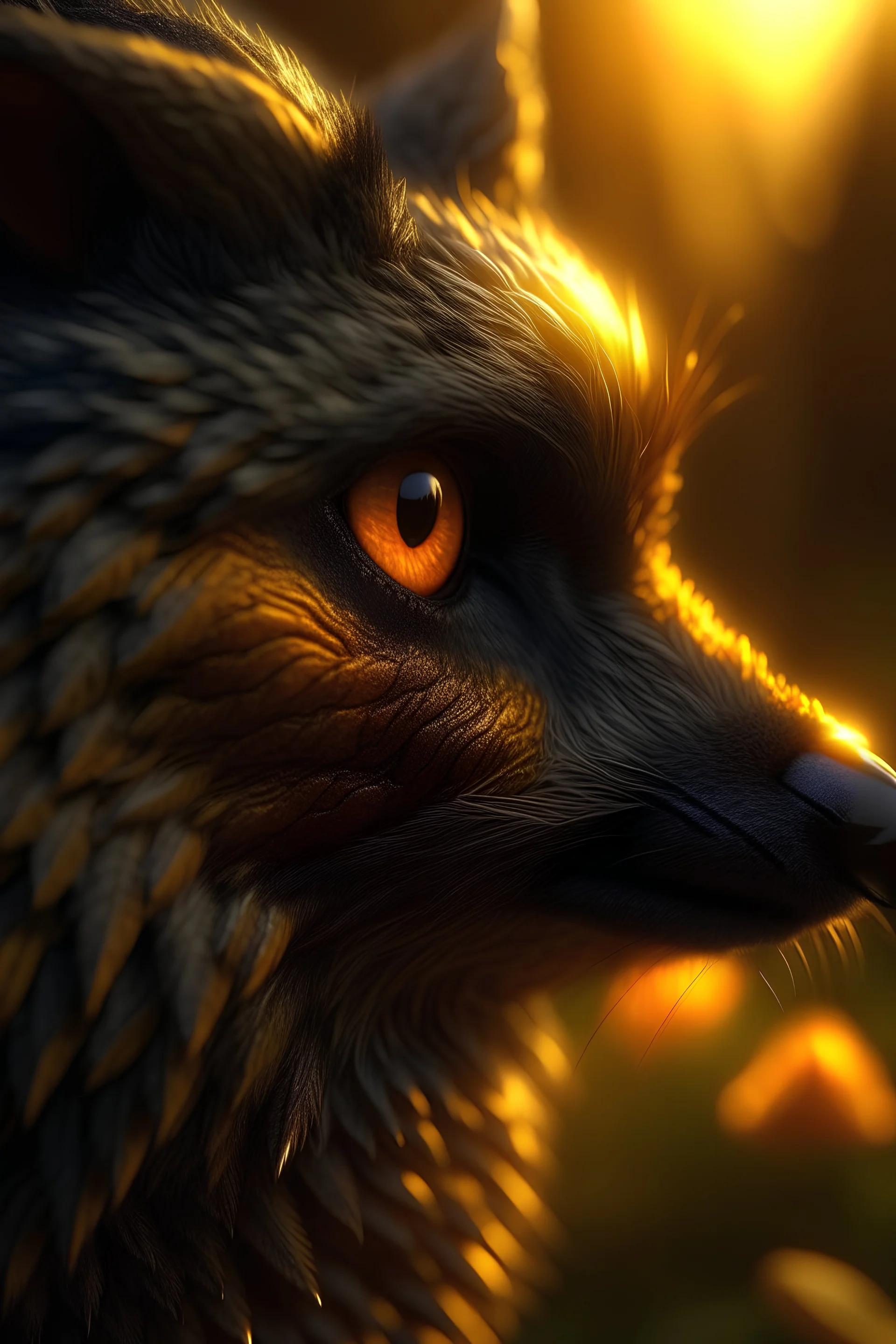 "A beautiful little robin bird sitting on the nose of a black wolf with intense yellow eyes, macro shot, side view, golden hour, sunshine rays, idyllic nature, breathtaking intricate details, hyper realistic, trending on Art station, concept art: Meticulously hyperdetailed fantasy photo with breathtaking intricate details, by WETA FX and industrial light and magic, intricate elaborate RTX enhanced CGI render"