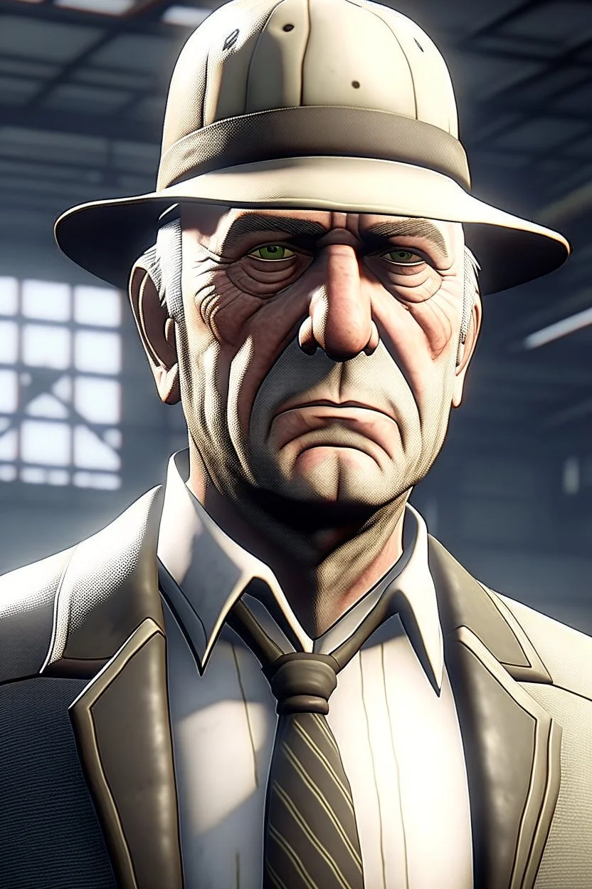 Draw me a white-skinned, middle-aged GTA character who is mechanical. He should have a GTA mark, he should be tall, he should have a hat, and he should have Angolem written on his hat.