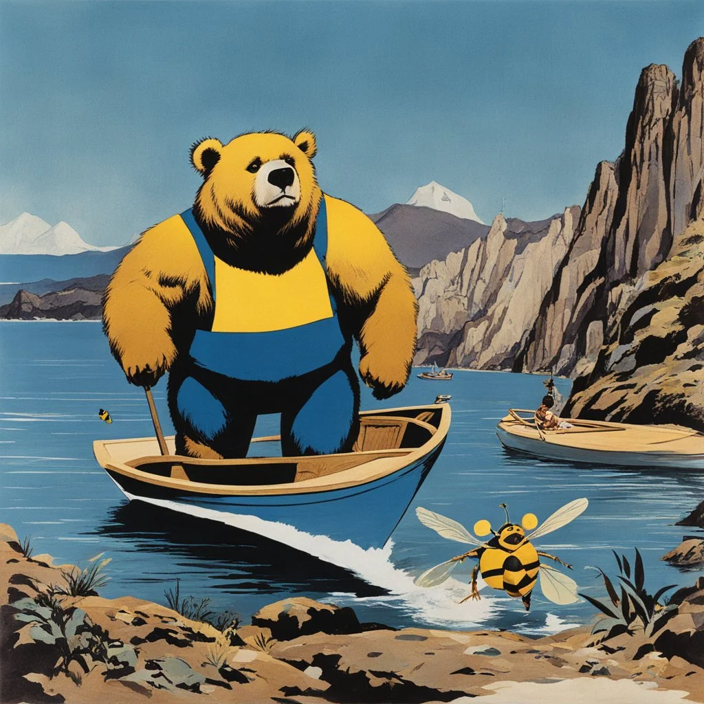 [Jason and the Argonauts (1963)] super bear in the jun with a blue costume and a companion giant bee, in a boat