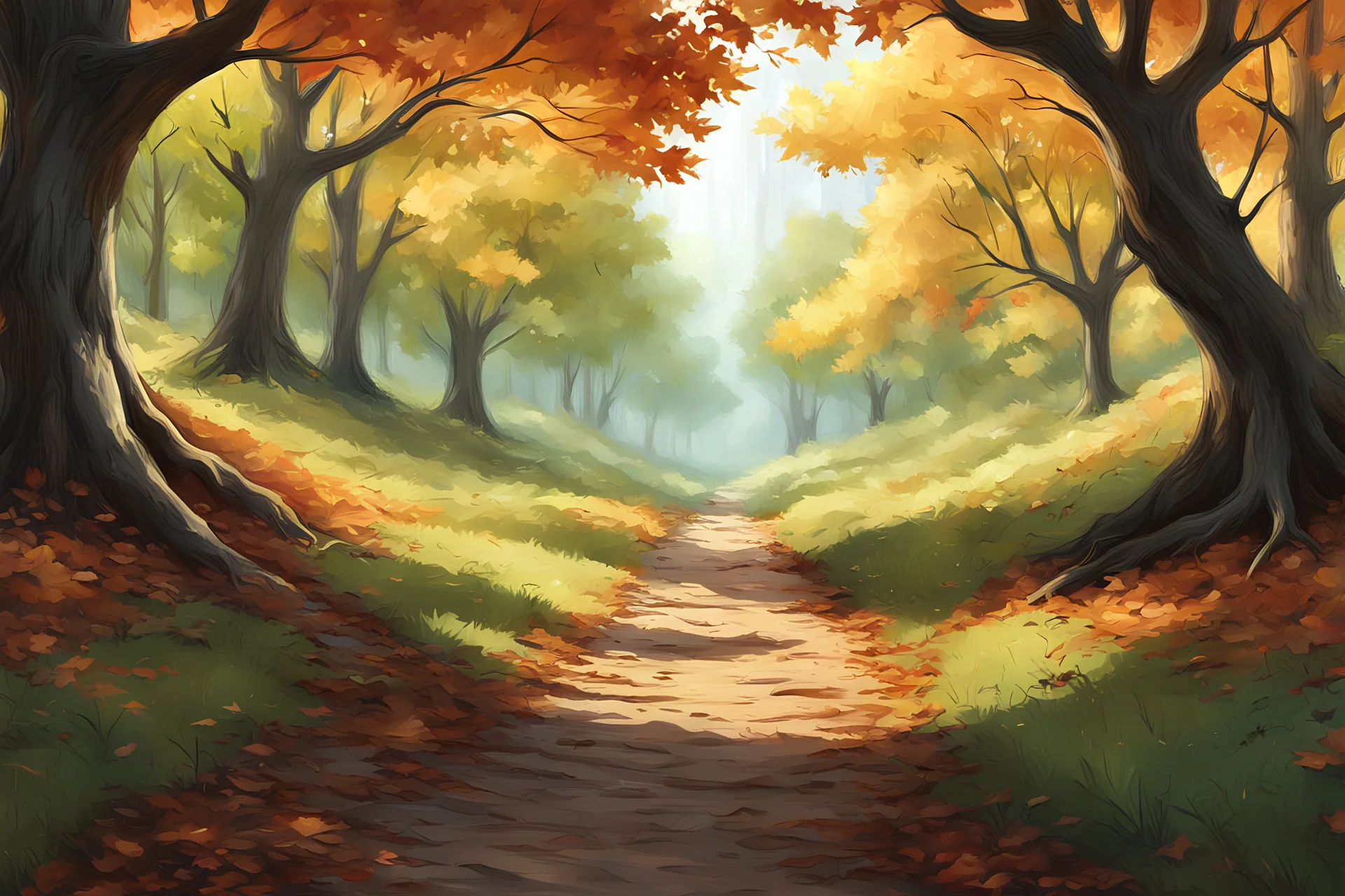 illustration {a scene showing a dirt path leading away from viewer in a thick maple grove} digital art, semi-realistic, fantasy, realistic