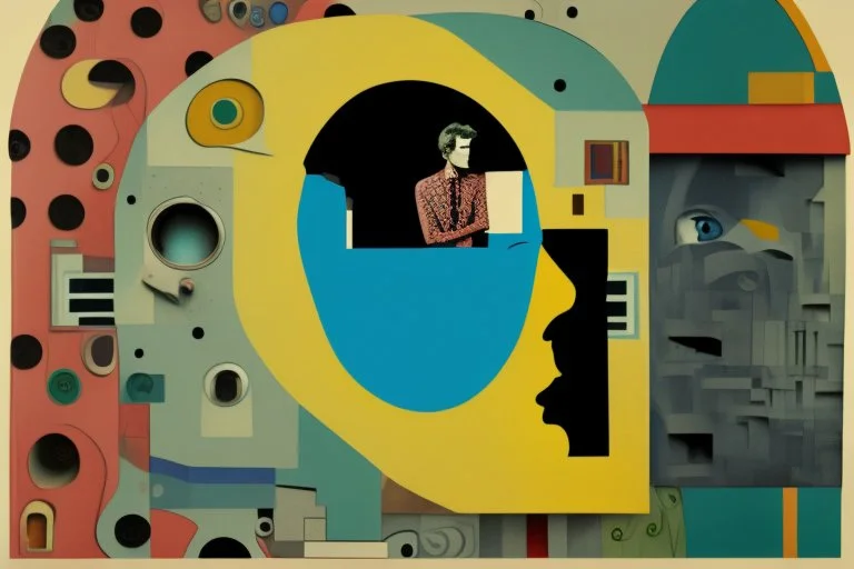 man with head inside a Hole in the wall bank machine in the style of Eileen Agar