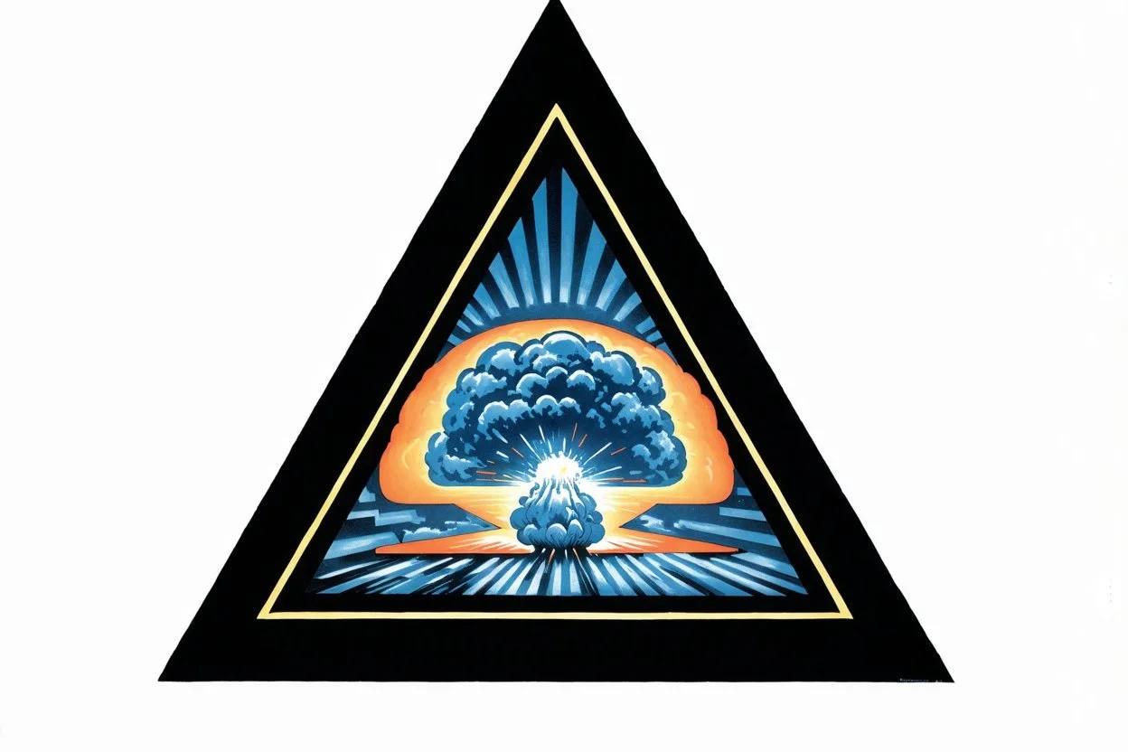 a nuclear explosion cloud, behind an orange glowing omega like shape, all inside an equilateral triangle opening, that is like a doorway to a different world, radiant lines, 1960s commercial art