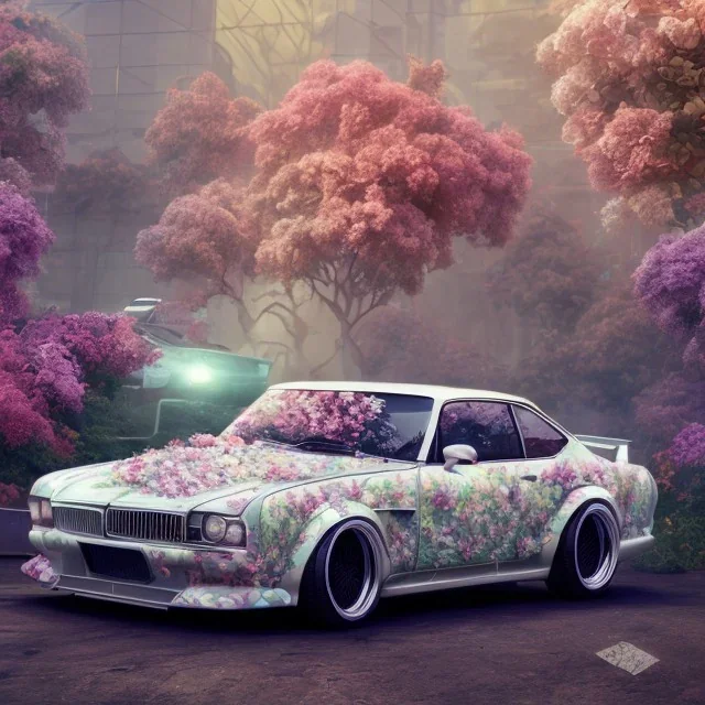 jdm car, dans un nuage de fleur, concept art, réaliste, synthwave, couleurs vibrante