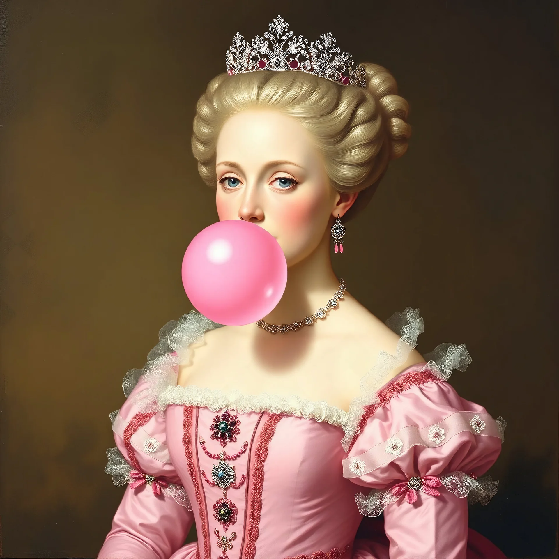Peinture rose de Marie-Antoinette avec une bulle de chewing-gum rose