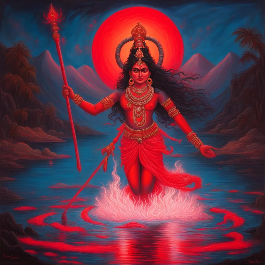 An oil painting of goddess Kali crossing a lake, neon red colors