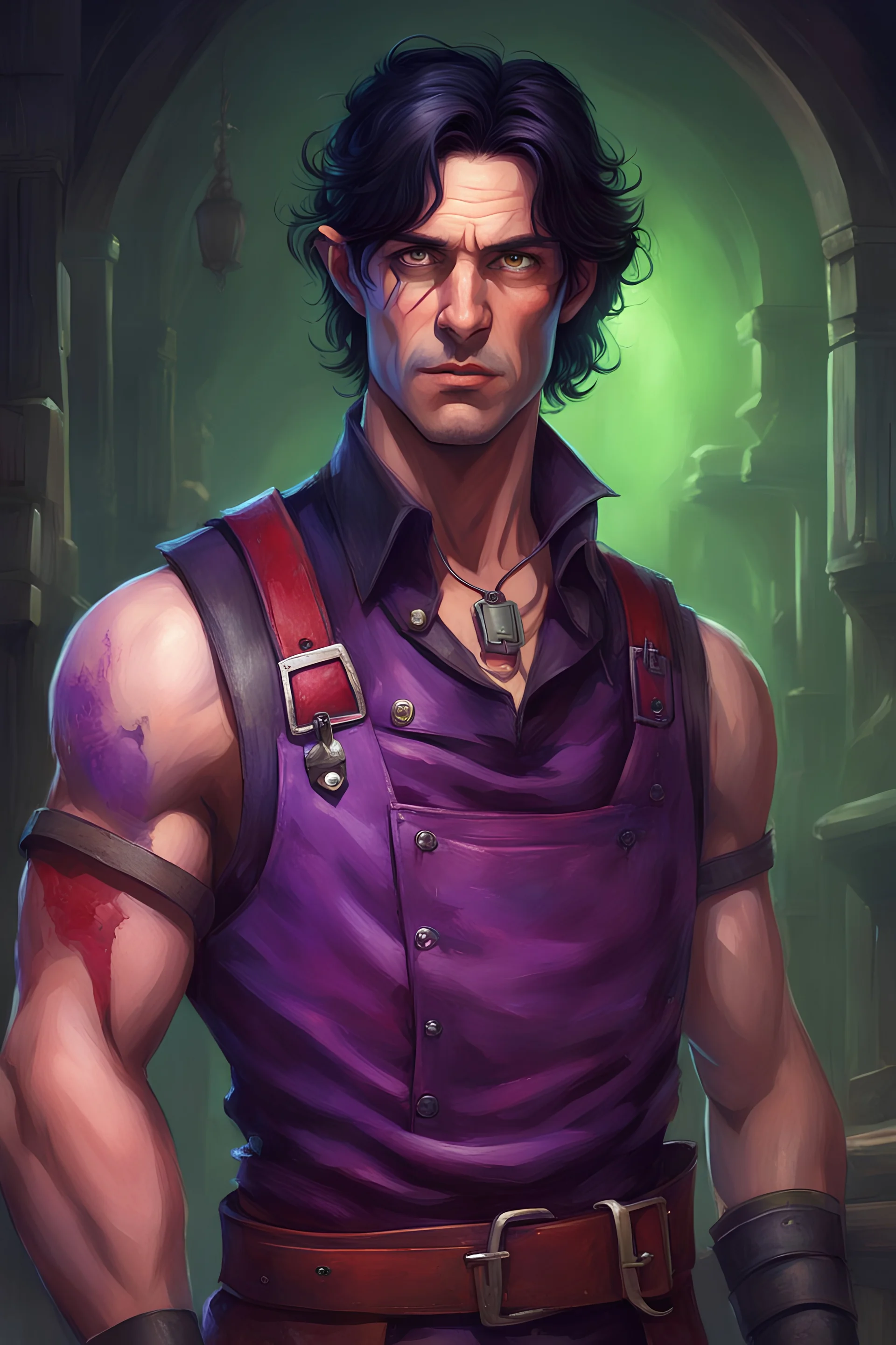 portrait of a human Male inventor in a fantasy world with a lighting Scar on his right arm from wrist to shoulder that is dark purple and red in color with Black hair and Bright Green eyes Wearing heavy leather apron and sleeveless shirt