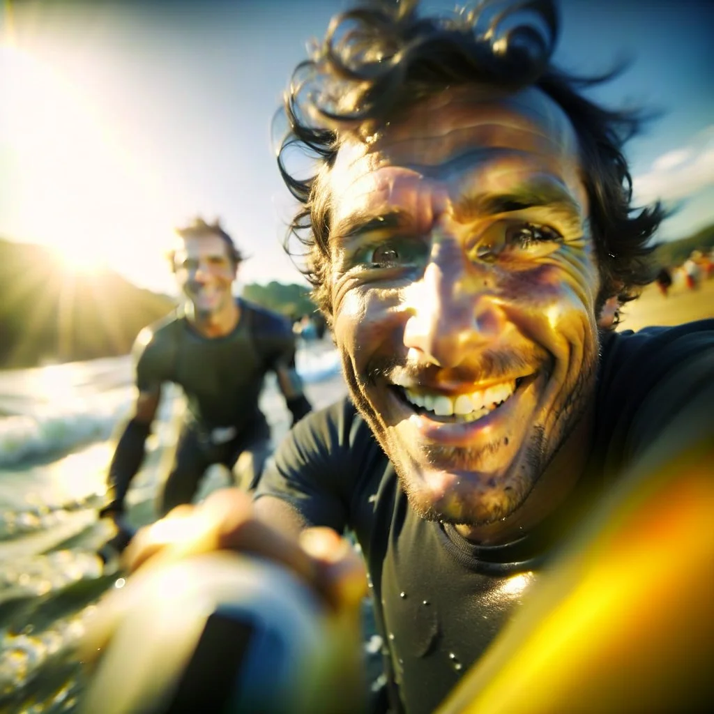 selfie of smiling surfer bot surfing the california waves, photo-realistic, shot on Hasselblad h6d-400c, zeiss prime lens, bokeh like f/0.8, tilt-shift lens 8k, high detail, smooth render, down-light, unreal engine, downlight