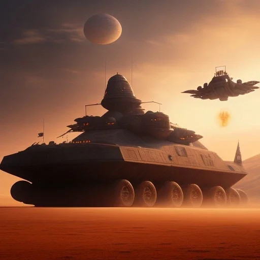 volumetric desert environment, Ralph McQuarrie style painting of an armored hovercraft with gun and black glass cockpit, floating in the air, highly detailed, renderman, duststorm at sunrise