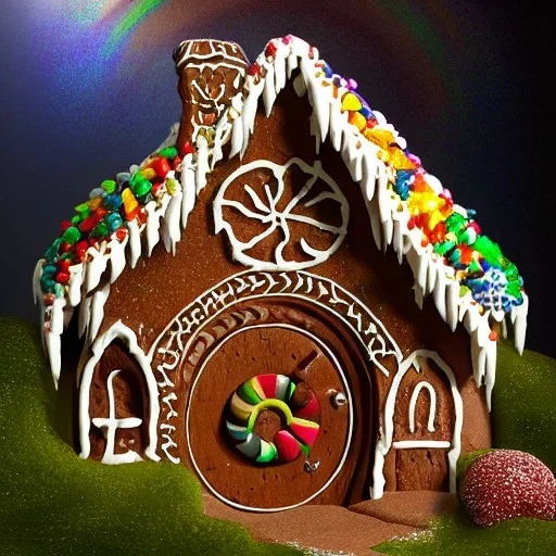 an intricate hobbit-style gingerbread house with rainbow sprinkles, frosting, vibreant crushed candy, 8k resolution, centered, high-quality, ultrafine-detail, digital art, flickering light, detailed matte, volumetric lighting, illustration, 3D octane render, brian froud, howard lyon, ben goossens, George Grie, greg rutowski, alphonse mucha