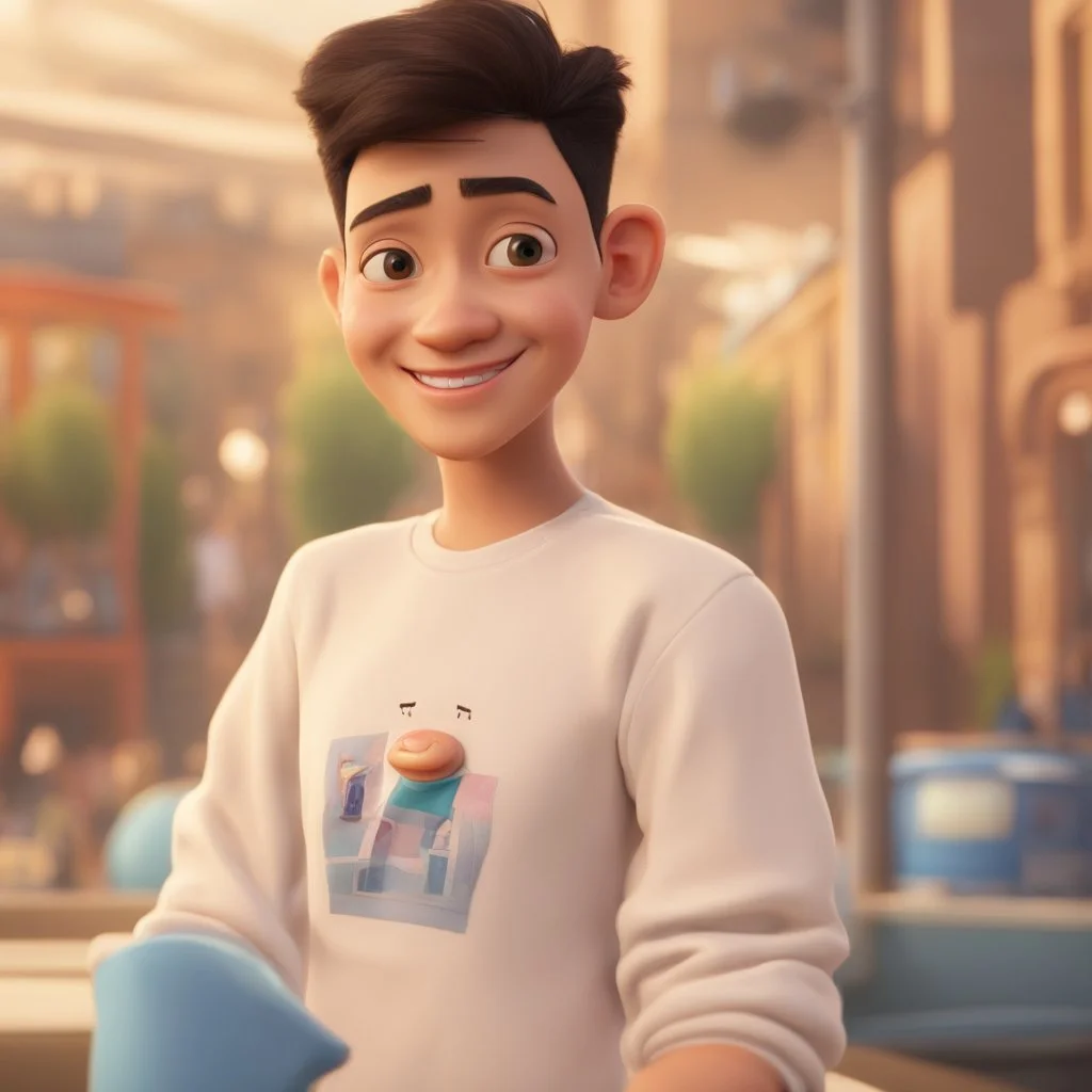 a portrait of smiling young western man. caricature. black hair. short buzz cut hair style. light skin. dark eye pupils. small eyes. round face shape. a bit small goatee, without moustache. white sweatshirt. pixar style. 3D. 4k. portrait. highly detailed. sharp focus. high resolution. full color. cinema lighting