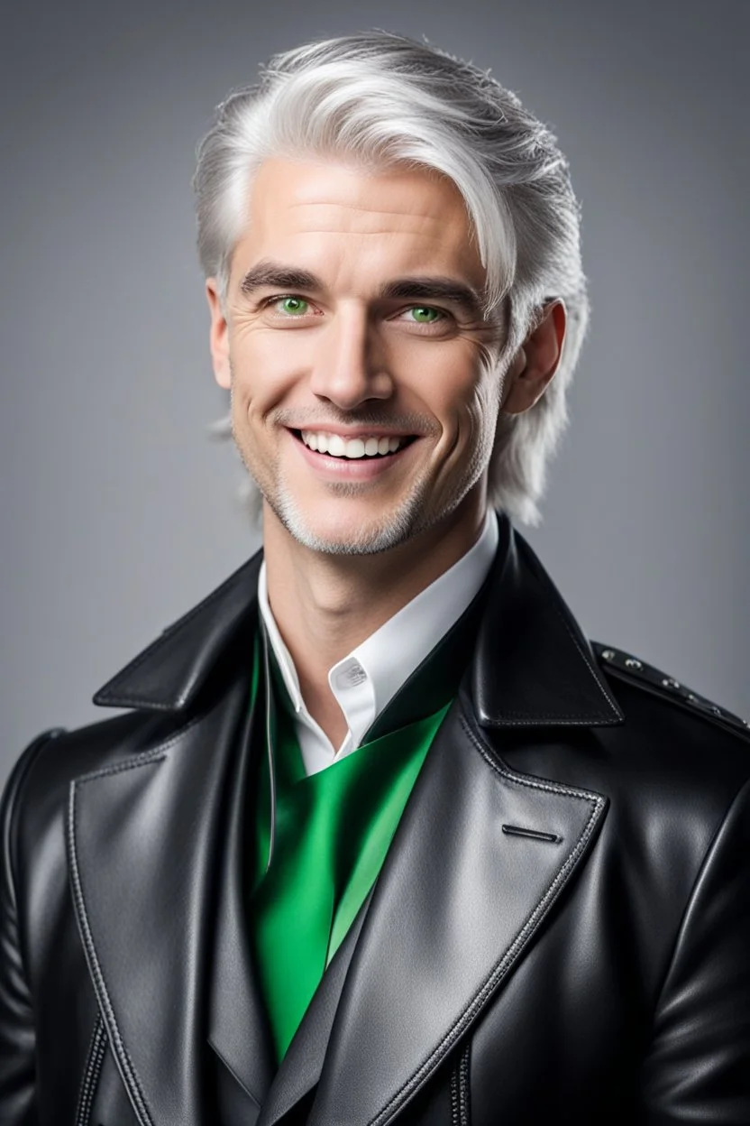 plauge doctor in balck leather coat and suit with silver hair, pale skin and bright green eyes smiling with sharp teeth, nice young face, male, viscious smile