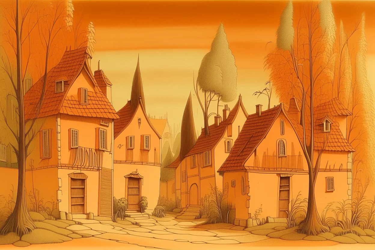 A light brown and light rosy orange village with banana trees designed in Bayeux tapestry painted by Caspar David Friedrich