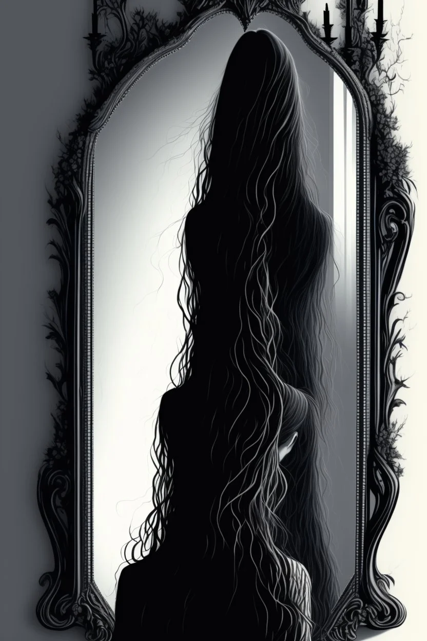 back view of a woman, beautiful long hair, her reflection in a mirror is an empty face, symbolism for the question "who am I", 32k, Mysterious and gothic, chaotic