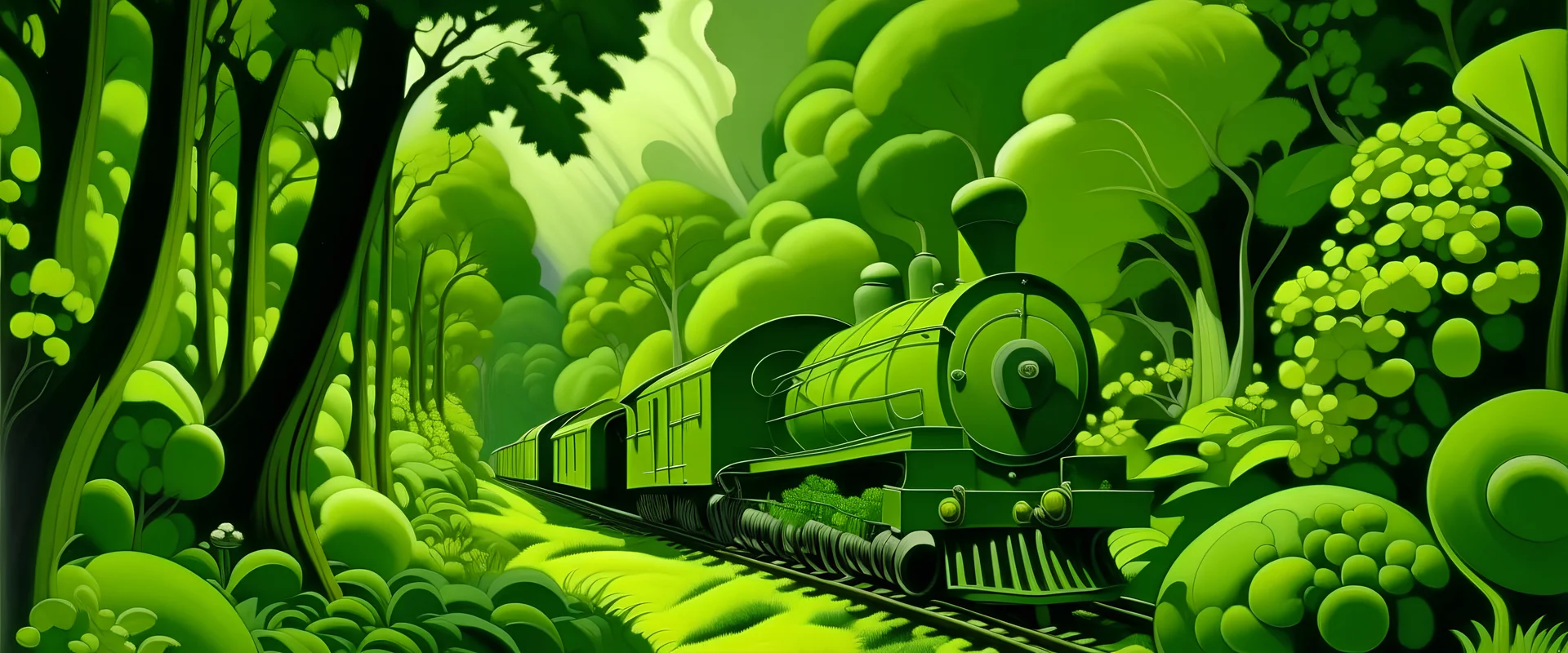 A train in a lime green jungle painted by Thomas Hart Benton